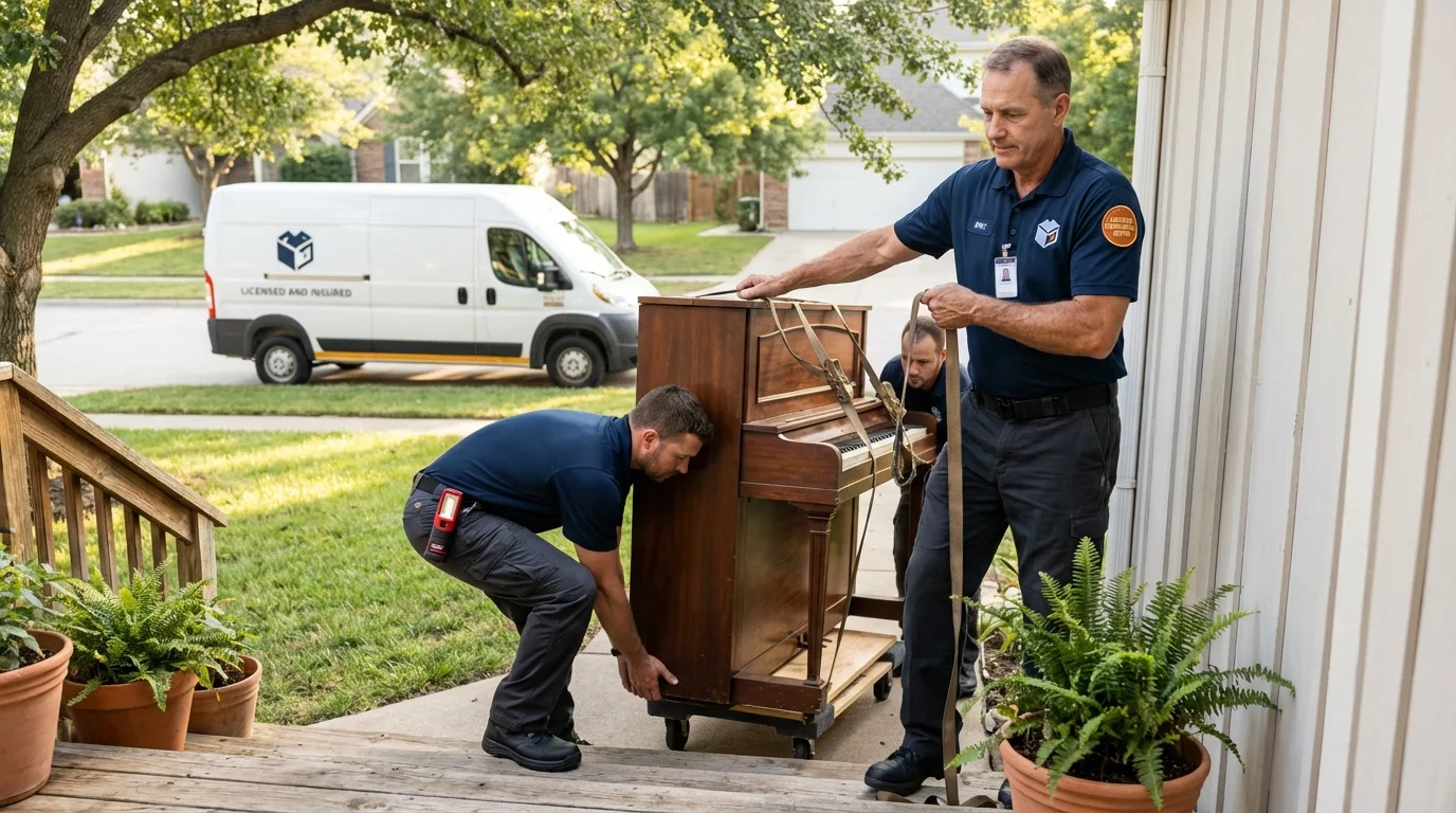 Licensed piano movers securing grand piano in Woodside, NY