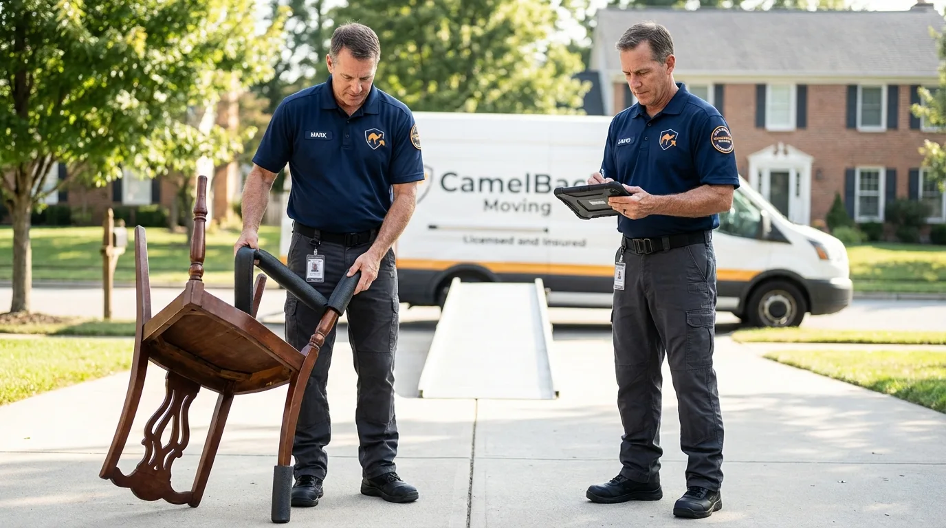 Movers inspecting furniture for damage prevention before loading in Woodside, NY