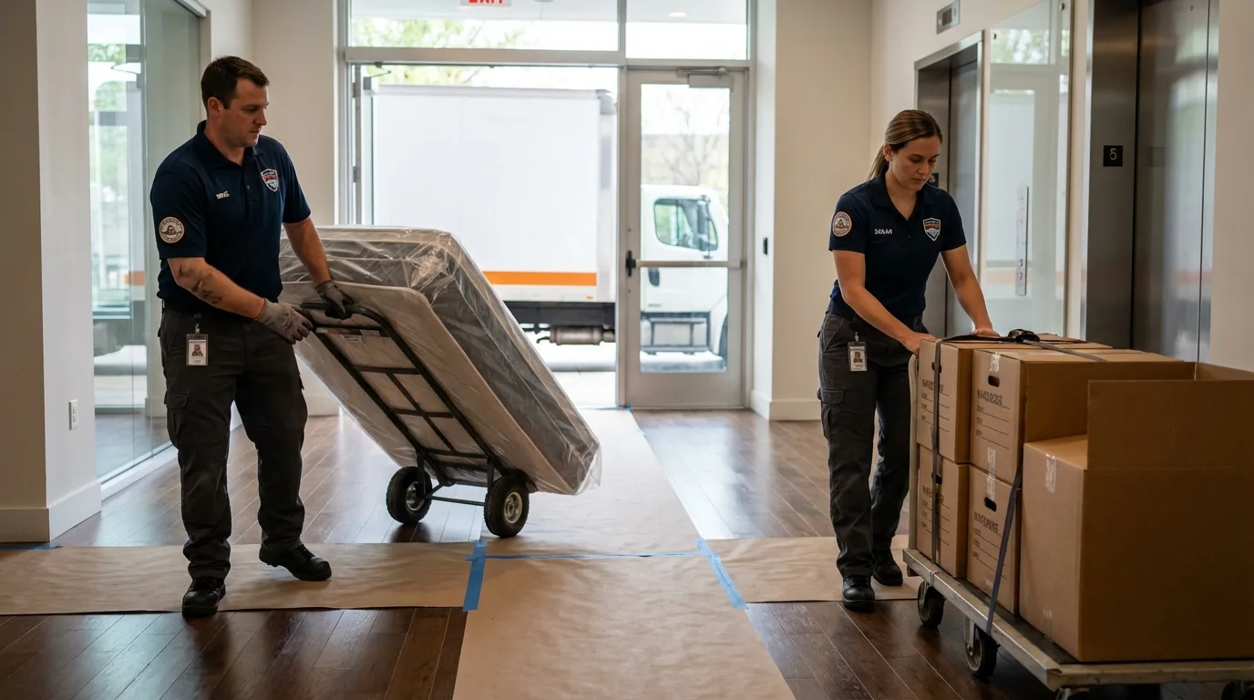 Professional apartment movers loading elevator in Woodside, NY